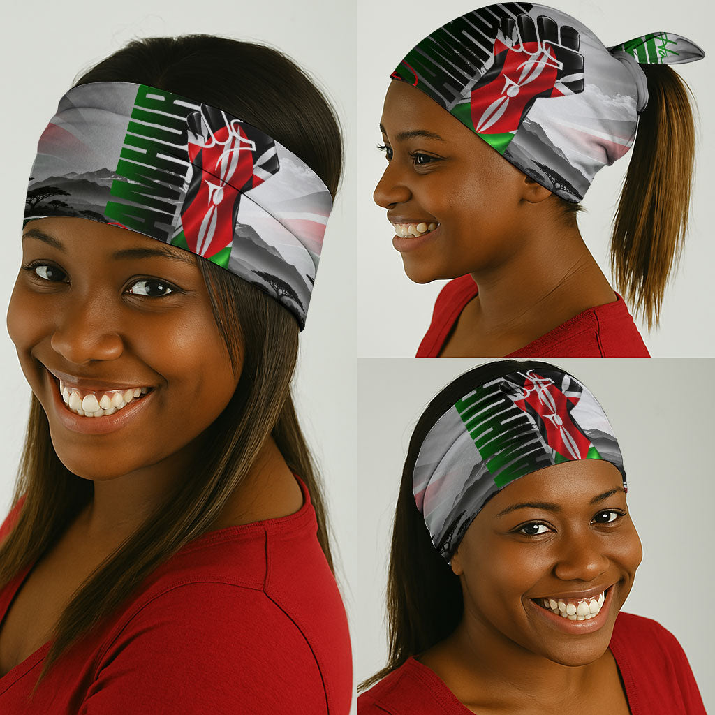 Kenya Jamhuri Day Neck Gaiter Kenyan Flag Raised Fist Maasai Spear Landscape
