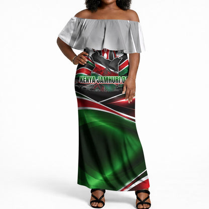 Kenya Jamhuri Day Off Shoulder Maxi Dress Kenyan Flag Raised Fist Maasai Spear Landscape
