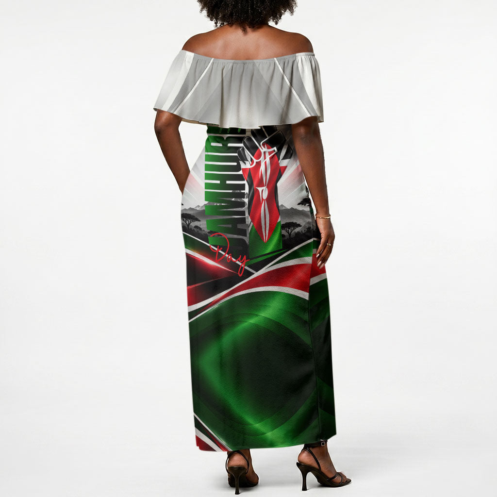 Kenya Jamhuri Day Off Shoulder Maxi Dress Kenyan Flag Raised Fist Maasai Spear Landscape