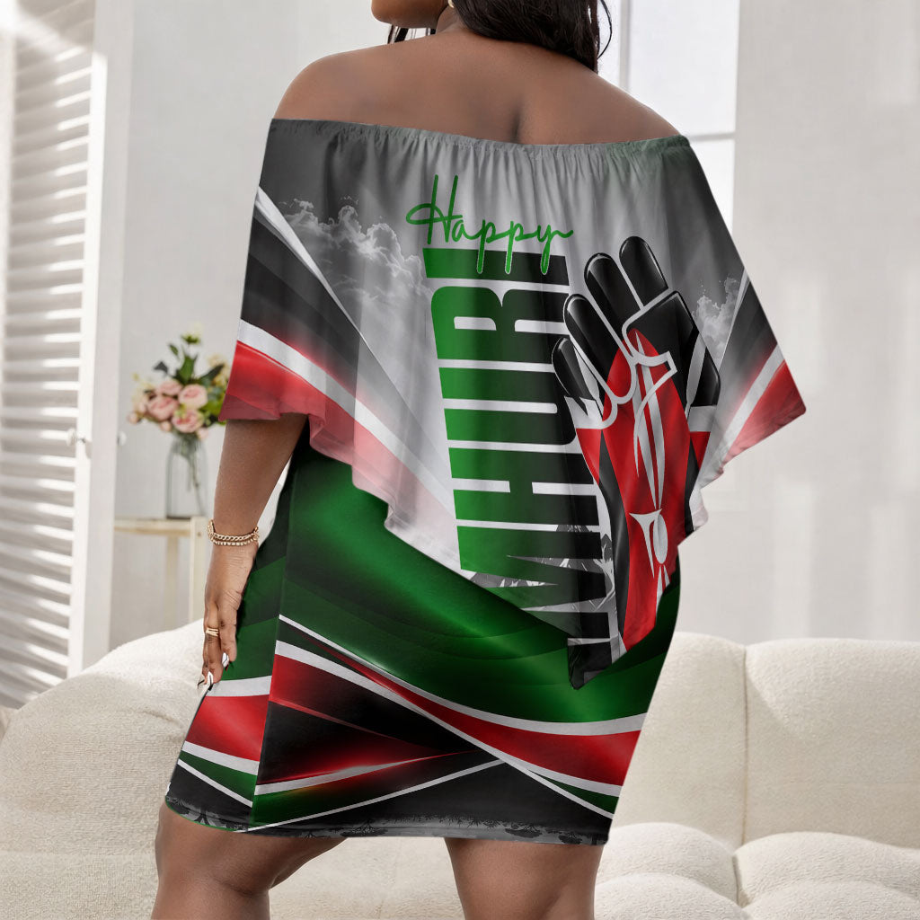 Kenya Jamhuri Day Off Shoulder Short Dress Kenyan Flag Raised Fist Maasai Spear Landscape
