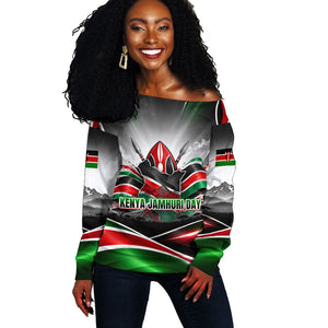Kenya Jamhuri Day Off Shoulder Sweater Kenyan Flag Raised Fist Maasai Spear Landscape