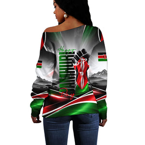 Kenya Jamhuri Day Off Shoulder Sweater Kenyan Flag Raised Fist Maasai Spear Landscape