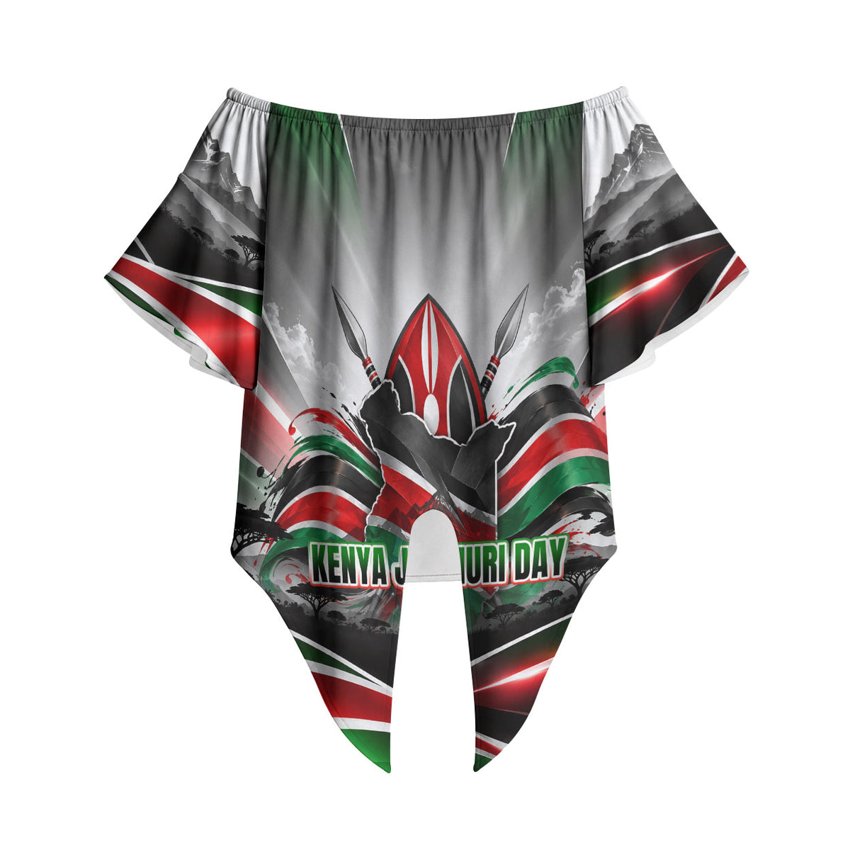 Kenya Jamhuri Day Off Shoulder Wrap Waist Top Kenyan Flag Raised Fist Maasai Spear Landscape