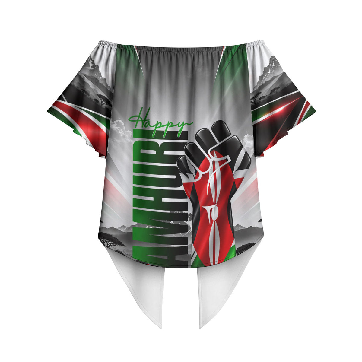 Kenya Jamhuri Day Off Shoulder Wrap Waist Top Kenyan Flag Raised Fist Maasai Spear Landscape