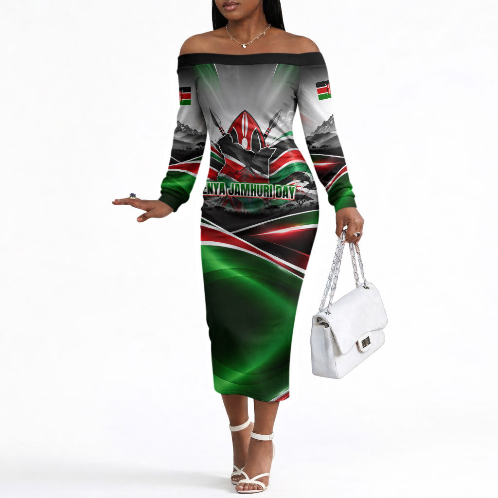 Kenya Jamhuri Day Off The Shoulder Long Sleeve Dress Kenyan Flag Raised Fist Maasai Spear Landscape