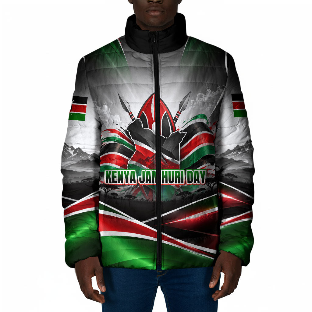 Kenya Jamhuri Day Padded Jacket Kenyan Flag Raised Fist Maasai Spear Landscape