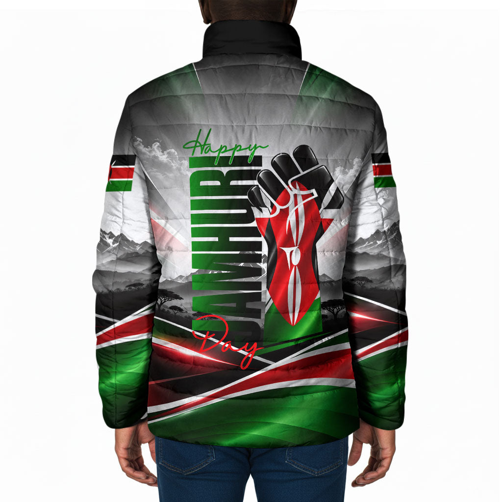 Kenya Jamhuri Day Padded Jacket Kenyan Flag Raised Fist Maasai Spear Landscape