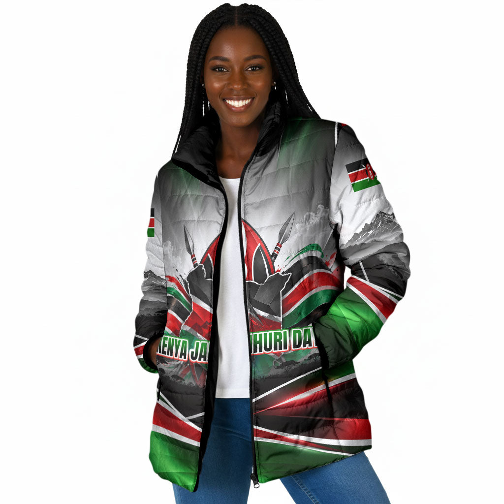 Kenya Jamhuri Day Padded Jacket Kenyan Flag Raised Fist Maasai Spear Landscape