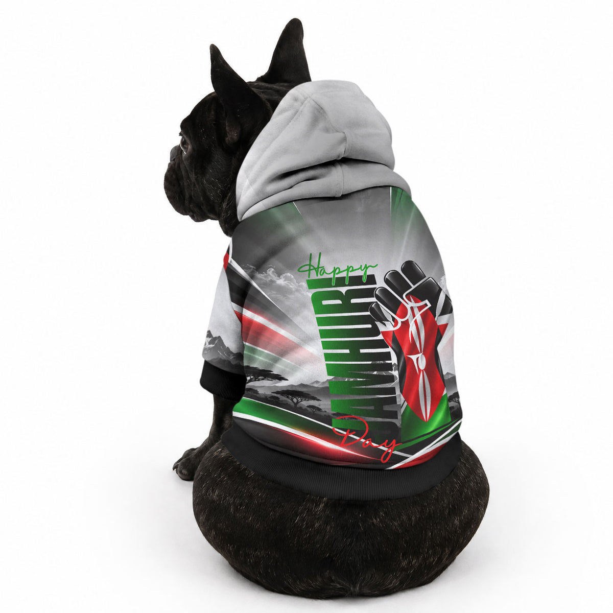 Kenya Jamhuri Day Pet Hoodie Kenyan Flag Raised Fist Maasai Spear Landscape