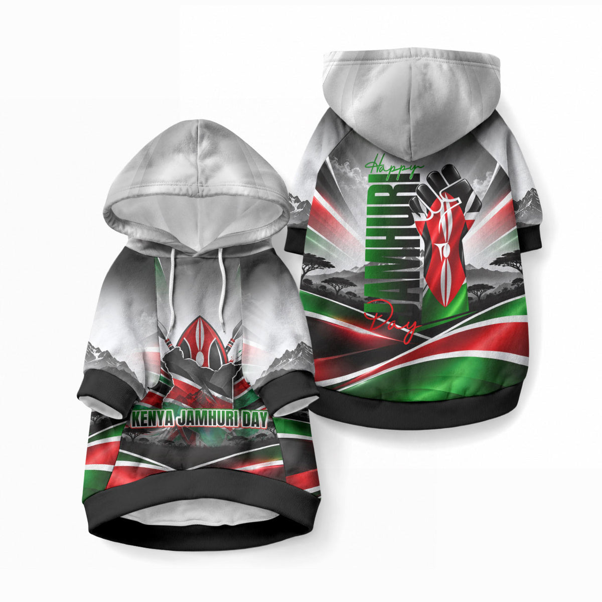Kenya Jamhuri Day Pet Hoodie Kenyan Flag Raised Fist Maasai Spear Landscape