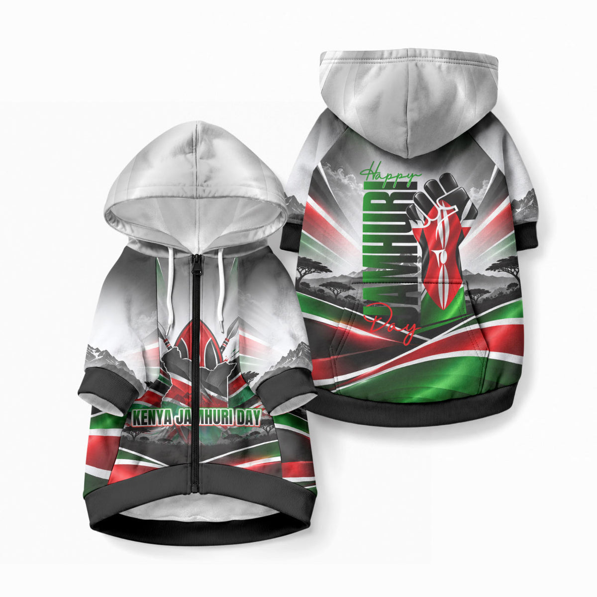 Kenya Jamhuri Day Pet Hoodie Kenyan Flag Raised Fist Maasai Spear Landscape