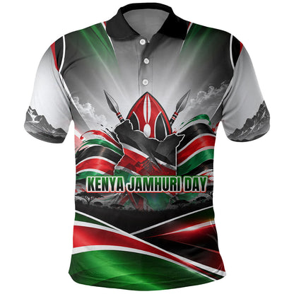 Kenya Jamhuri Day Polo Shirt Kenyan Flag Raised Fist Maasai Spear Landscape