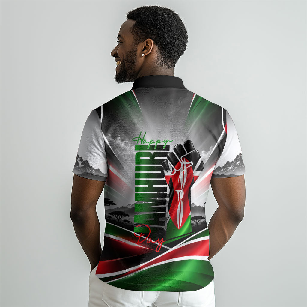 Kenya Jamhuri Day Polo Shirt Kenyan Flag Raised Fist Maasai Spear Landscape