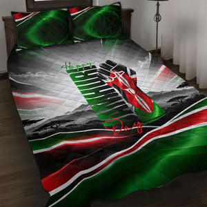 Kenya Jamhuri Day Quilt Bed Set Kenyan Flag Raised Fist Maasai Spear Landscape