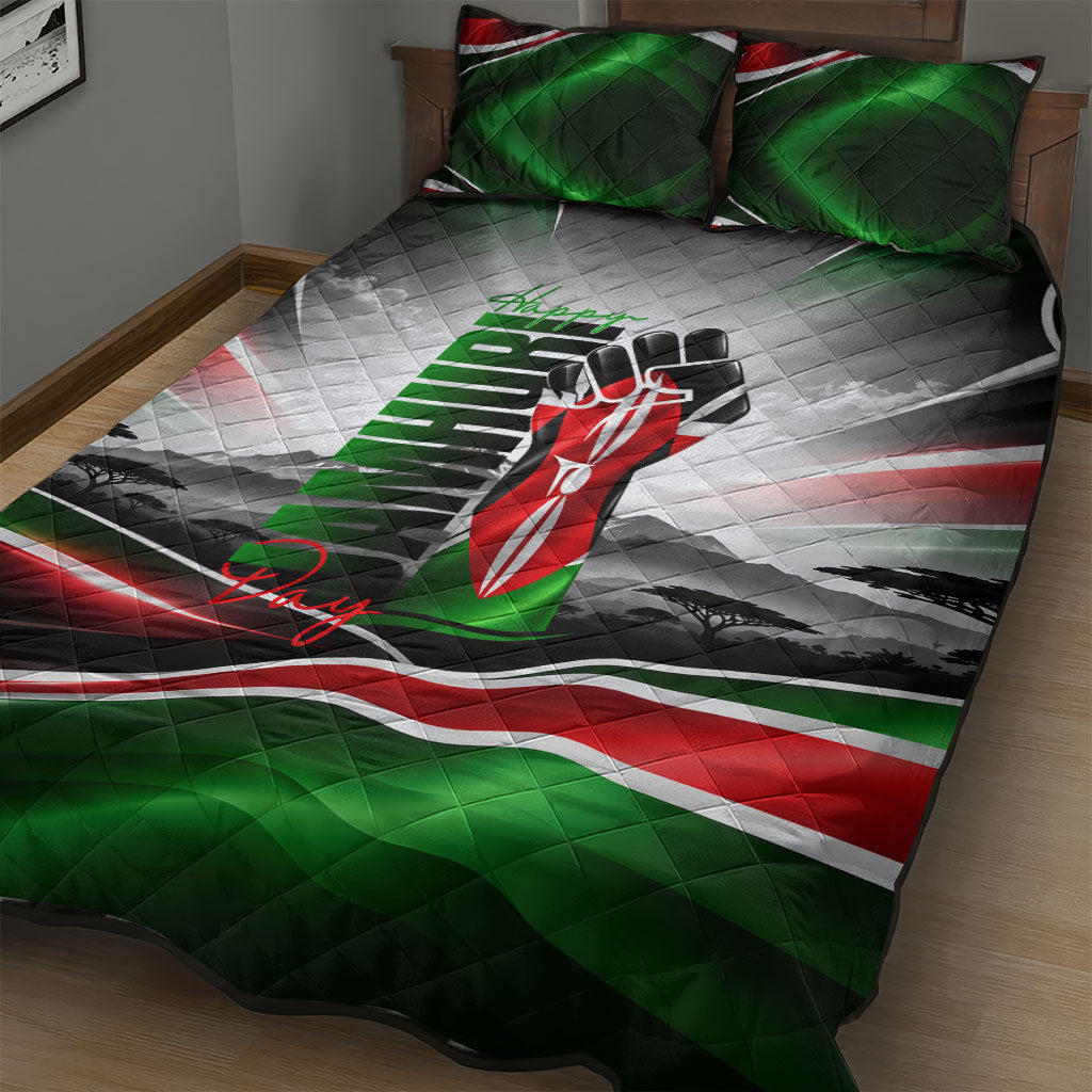 Kenya Jamhuri Day Quilt Bed Set Kenyan Flag Raised Fist Maasai Spear Landscape