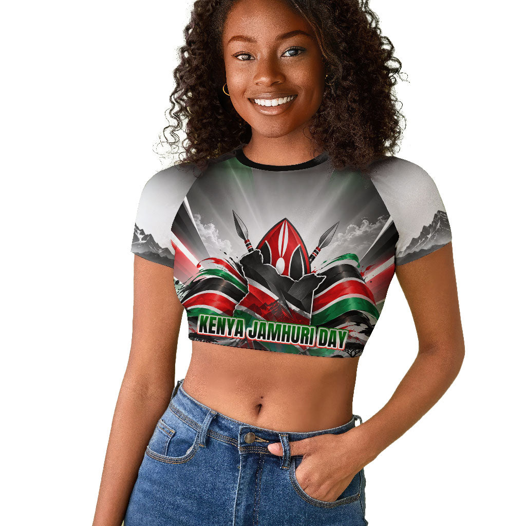 Kenya Jamhuri Day Raglan Cropped T shirt Kenyan Flag Raised Fist Maasai Spear Landscape