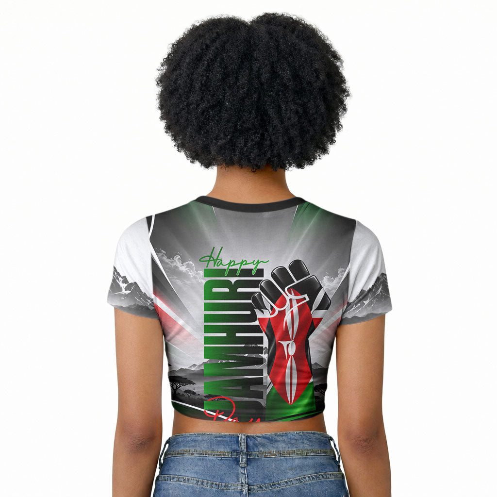 Kenya Jamhuri Day Raglan Cropped T shirt Kenyan Flag Raised Fist Maasai Spear Landscape