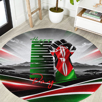 Kenya Jamhuri Day Round Carpet Kenyan Flag Raised Fist Maasai Spear Landscape