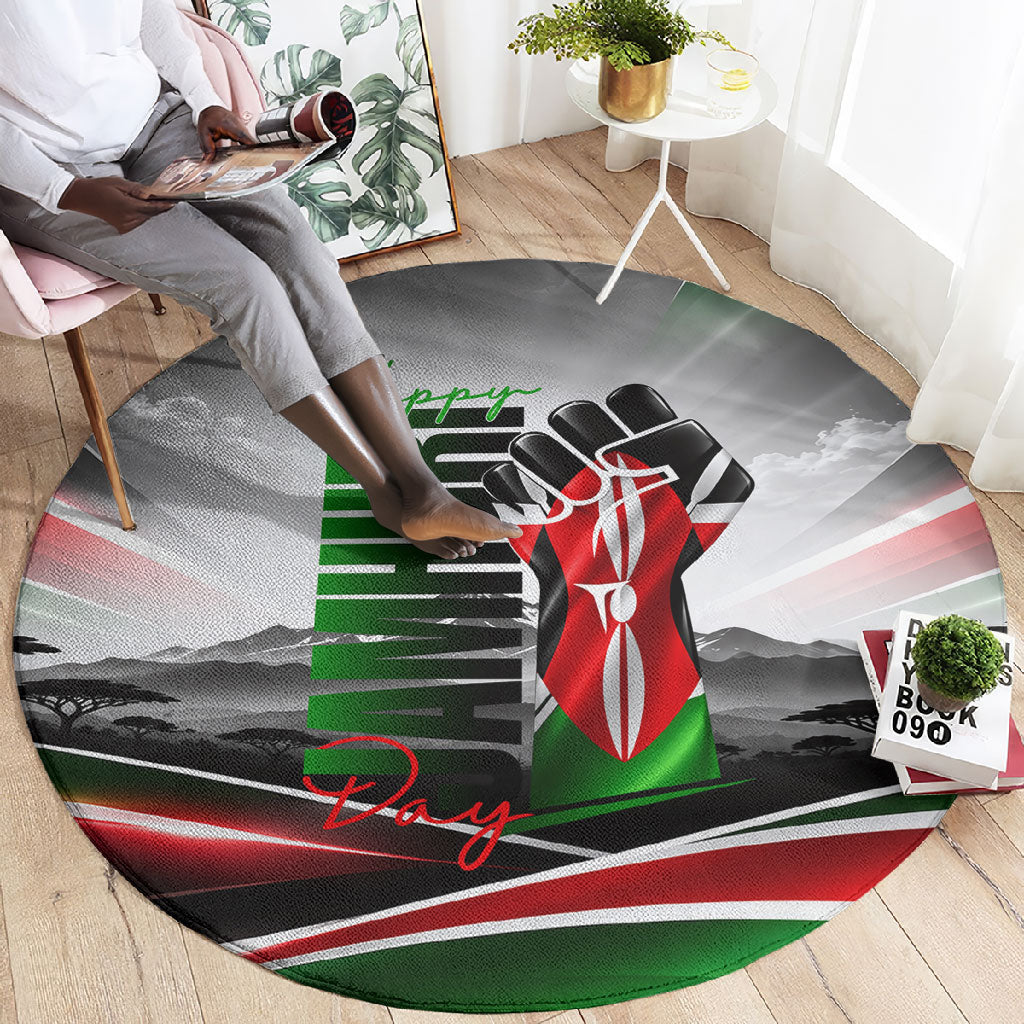 Kenya Jamhuri Day Round Carpet Kenyan Flag Raised Fist Maasai Spear Landscape