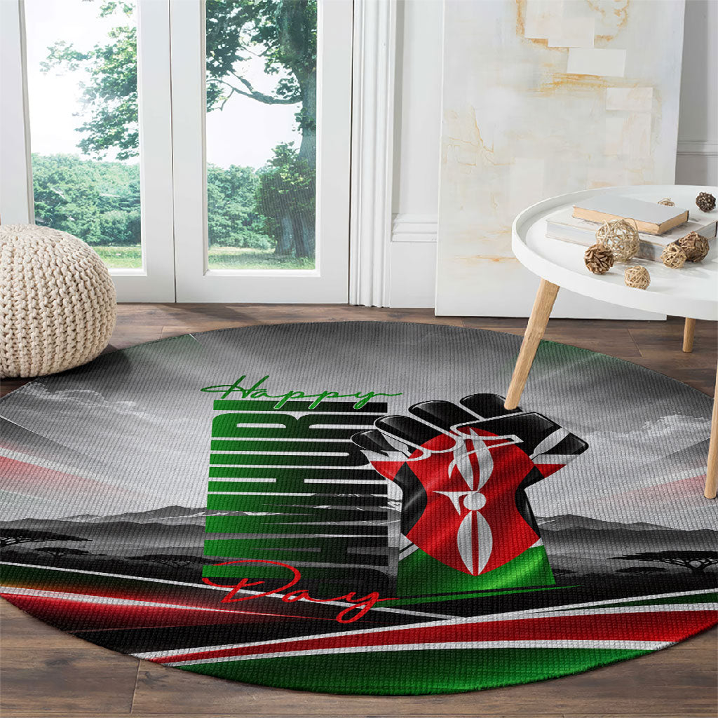 Kenya Jamhuri Day Round Carpet Kenyan Flag Raised Fist Maasai Spear Landscape