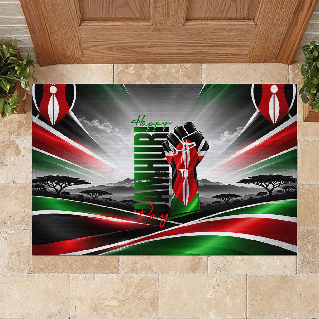 Kenya Jamhuri Day Rubber Doormat Kenyan Flag Raised Fist Maasai Spear Landscape