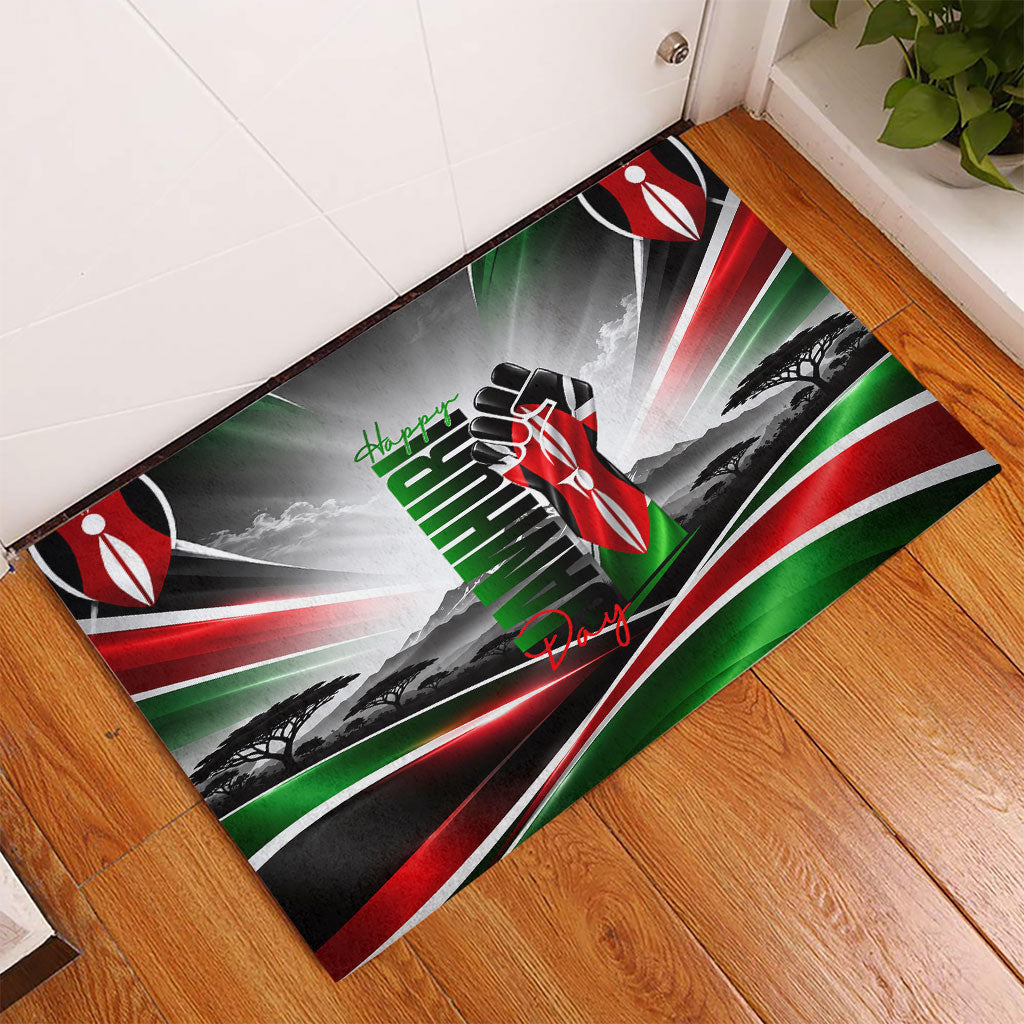 Kenya Jamhuri Day Rubber Doormat Kenyan Flag Raised Fist Maasai Spear Landscape