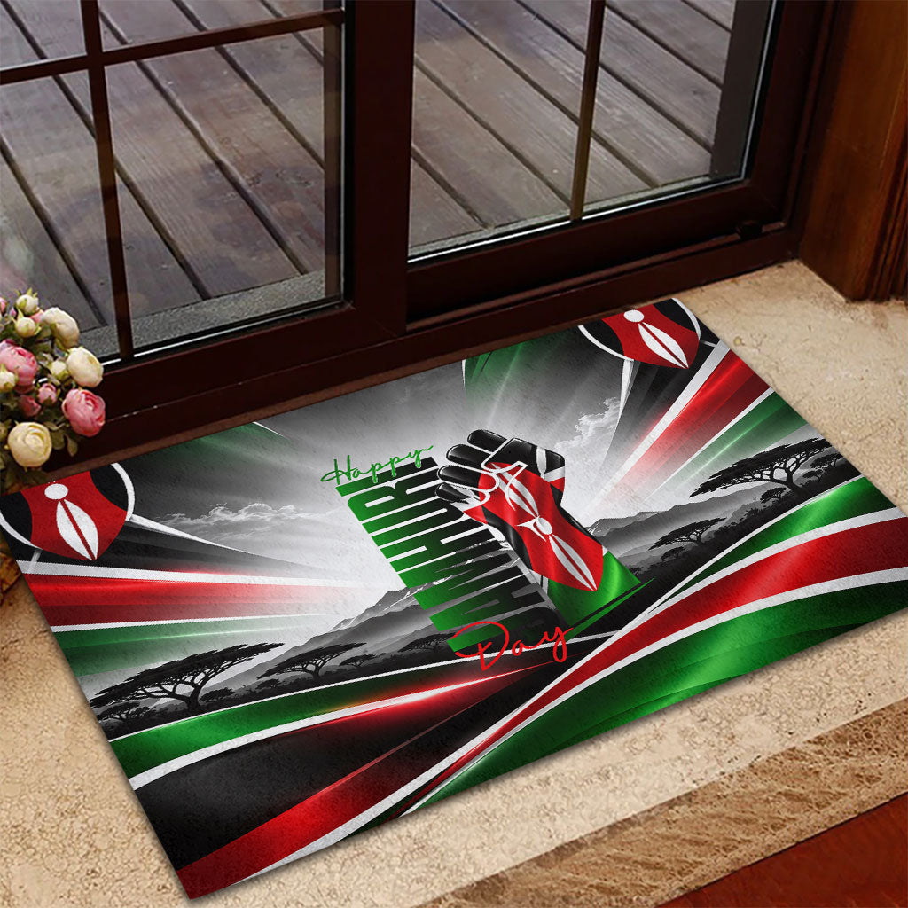 Kenya Jamhuri Day Rubber Doormat Kenyan Flag Raised Fist Maasai Spear Landscape