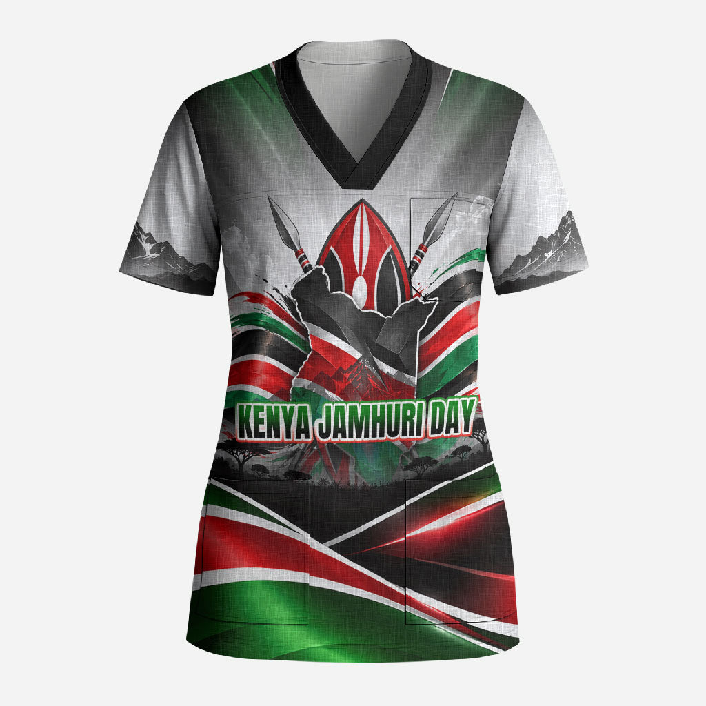 Kenya Jamhuri Day Scrub Top Kenyan Flag Raised Fist Maasai Spear Landscape