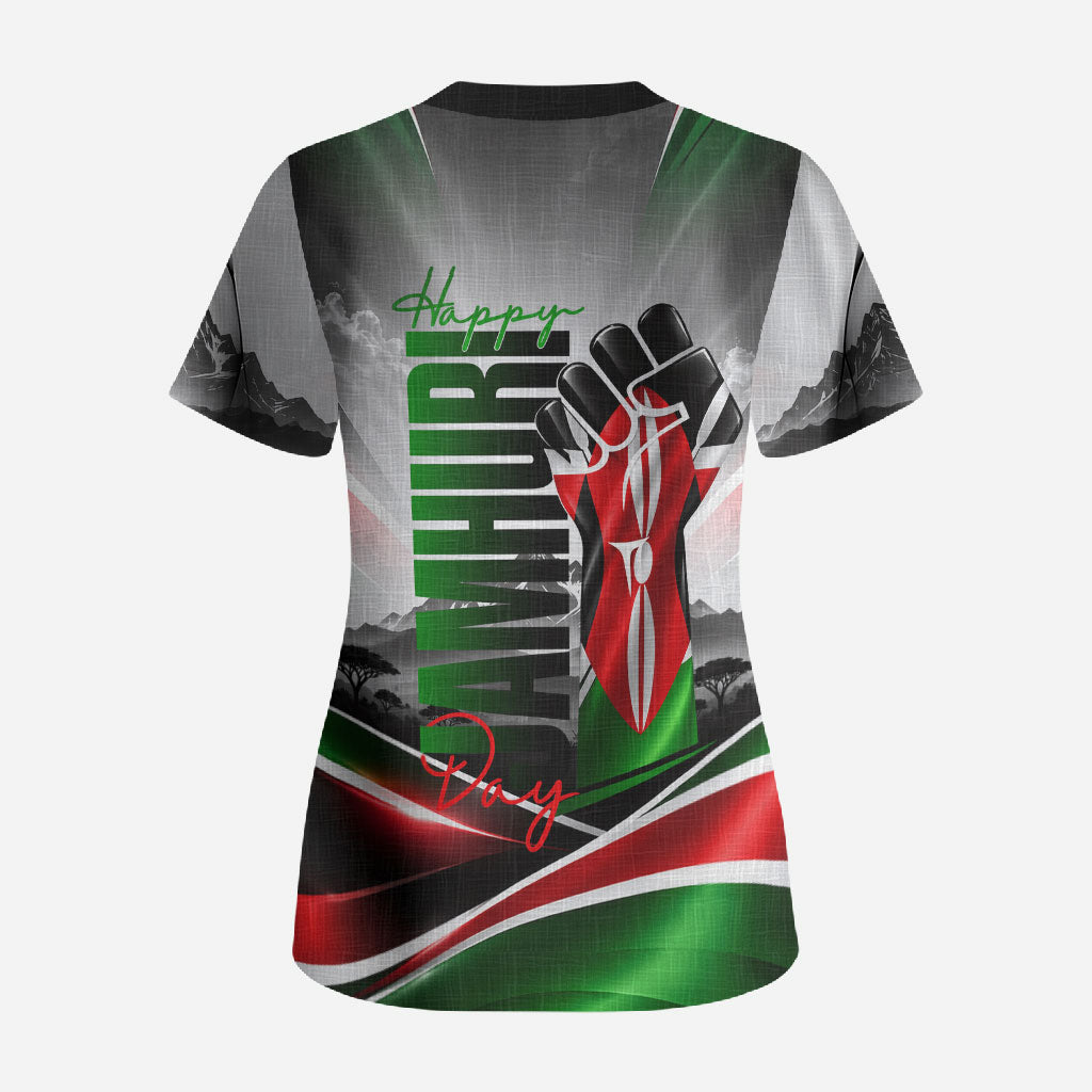 Kenya Jamhuri Day Scrub Top Kenyan Flag Raised Fist Maasai Spear Landscape