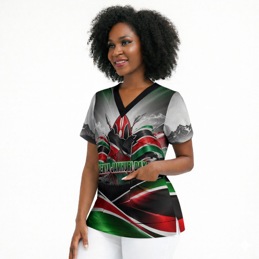 Kenya Jamhuri Day Scrub Top Kenyan Flag Raised Fist Maasai Spear Landscape