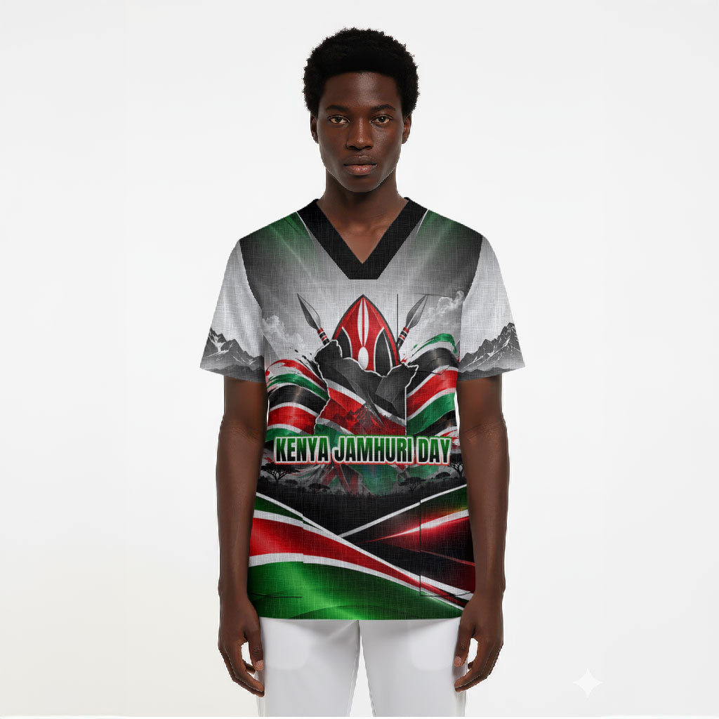 Kenya Jamhuri Day Scrub Top Kenyan Flag Raised Fist Maasai Spear Landscape