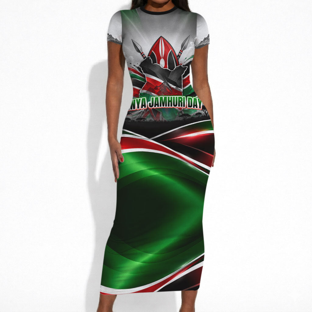 Kenya Jamhuri Day Short Sleeve Bodycon Dress Kenyan Flag Raised Fist Maasai Spear Landscape