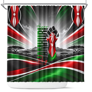Kenya Jamhuri Day Shower Curtain Kenyan Flag Raised Fist Maasai Spear Landscape