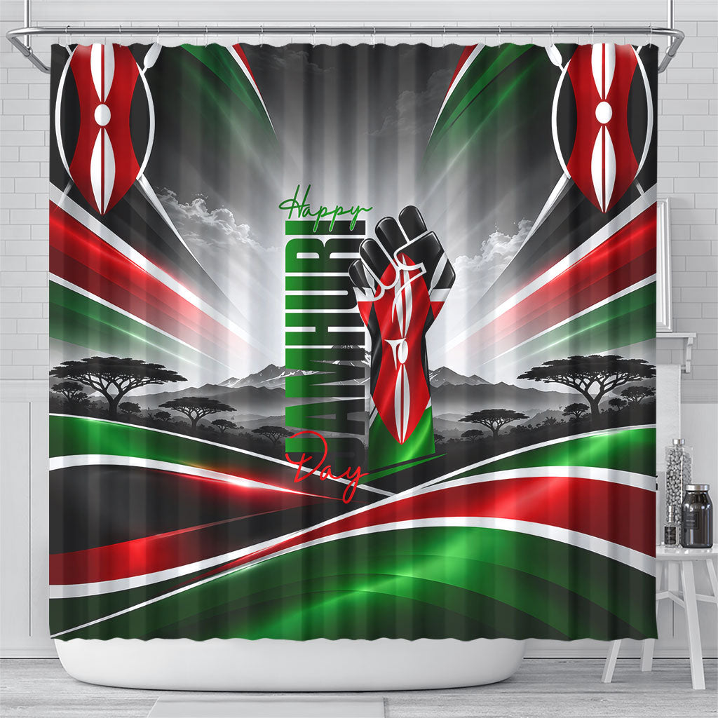 Kenya Jamhuri Day Shower Curtain Kenyan Flag Raised Fist Maasai Spear Landscape