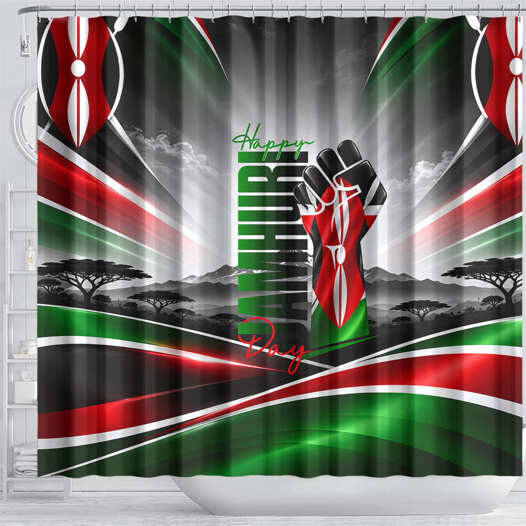 Kenya Jamhuri Day Shower Curtain Kenyan Flag Raised Fist Maasai Spear Landscape