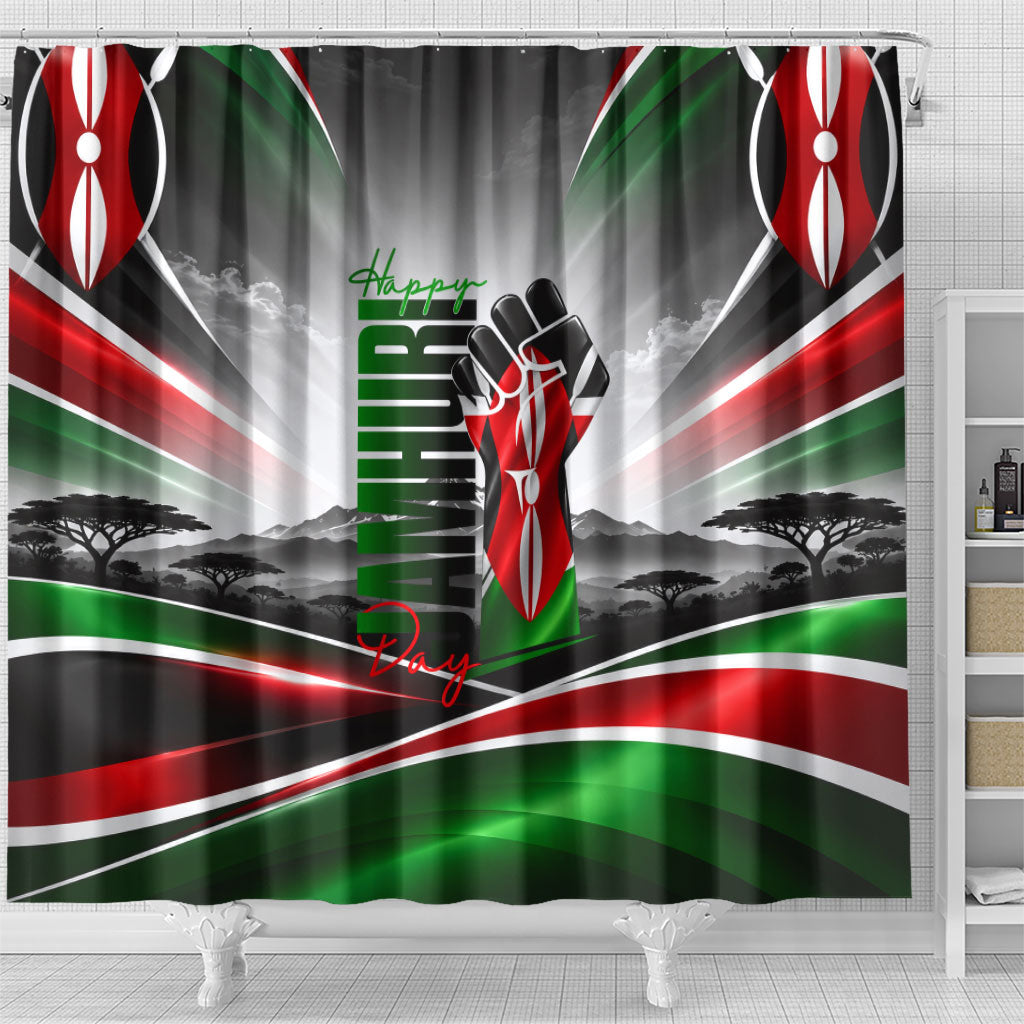 Kenya Jamhuri Day Shower Curtain Kenyan Flag Raised Fist Maasai Spear Landscape