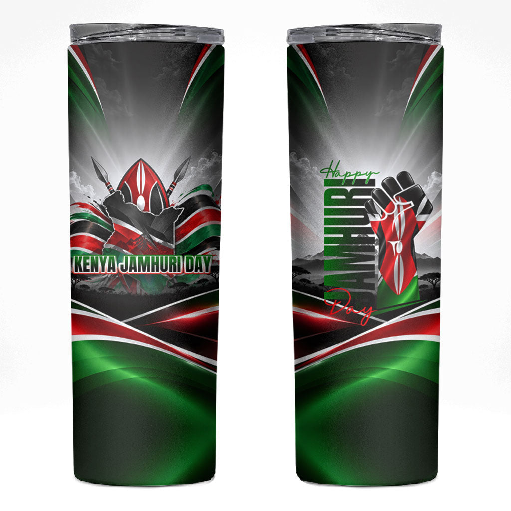 Kenya Jamhuri Day Skinny Tumbler Kenyan Flag Raised Fist Maasai Spear Landscape