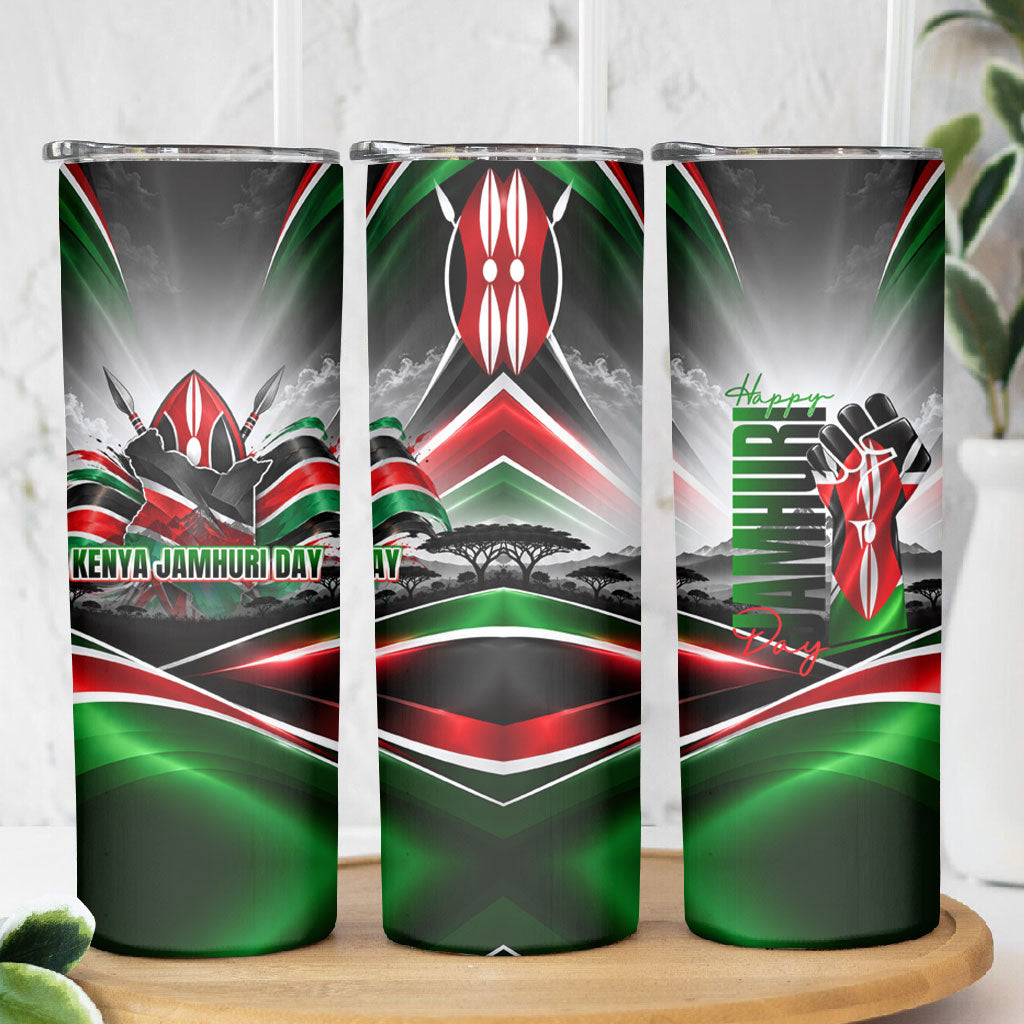 Kenya Jamhuri Day Skinny Tumbler Kenyan Flag Raised Fist Maasai Spear Landscape