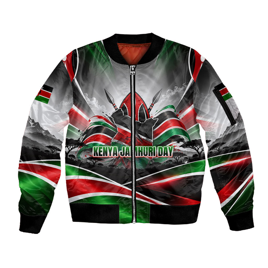 Kenya Jamhuri Day Sleeve Zip Bomber Jacket Kenyan Flag Raised Fist Maasai Spear Landscape