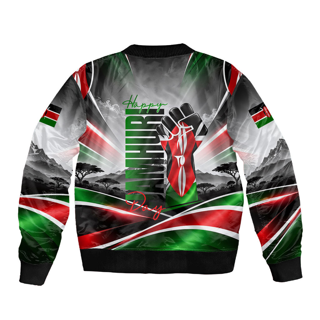 Kenya Jamhuri Day Sleeve Zip Bomber Jacket Kenyan Flag Raised Fist Maasai Spear Landscape