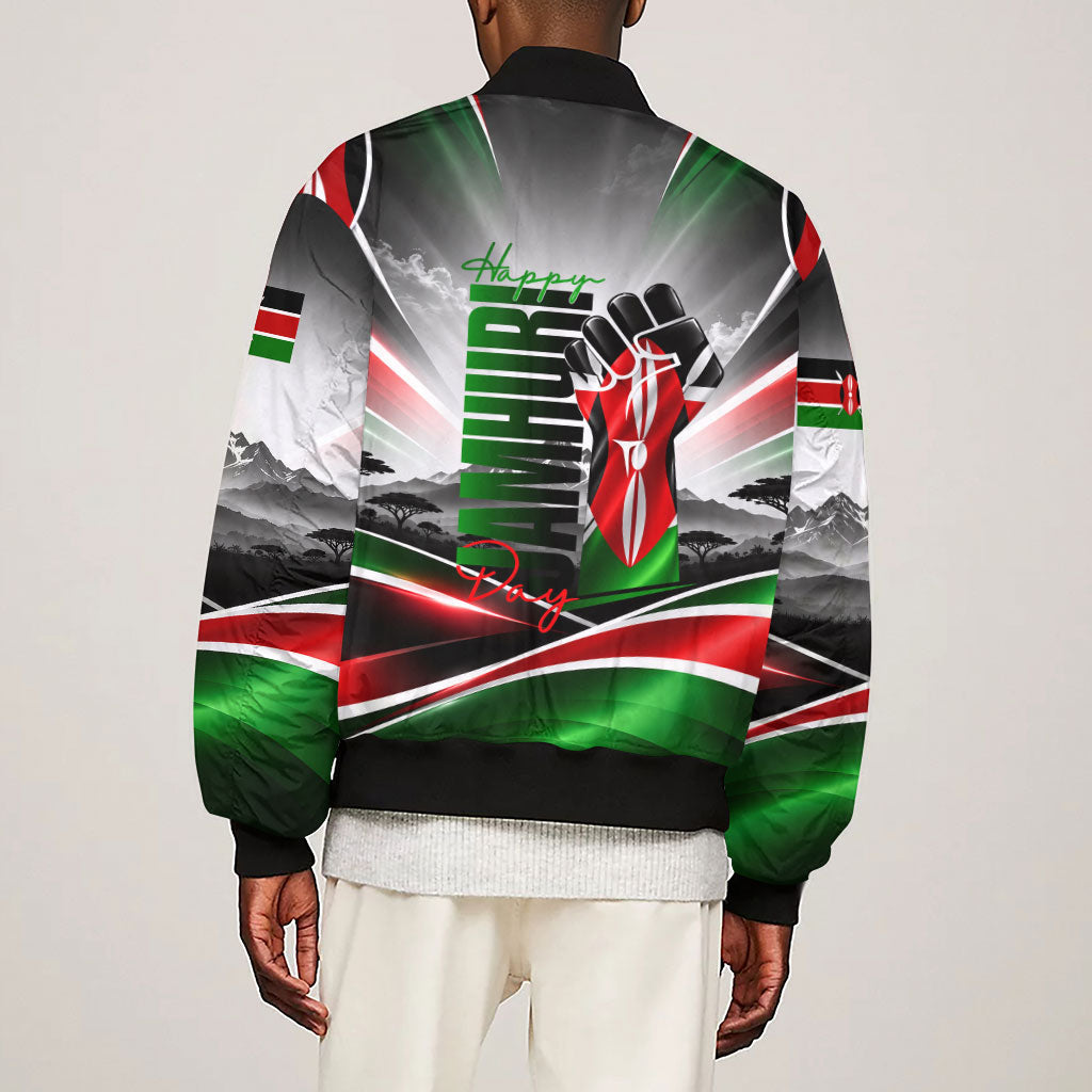 Kenya Jamhuri Day Sleeve Zip Bomber Jacket Kenyan Flag Raised Fist Maasai Spear Landscape