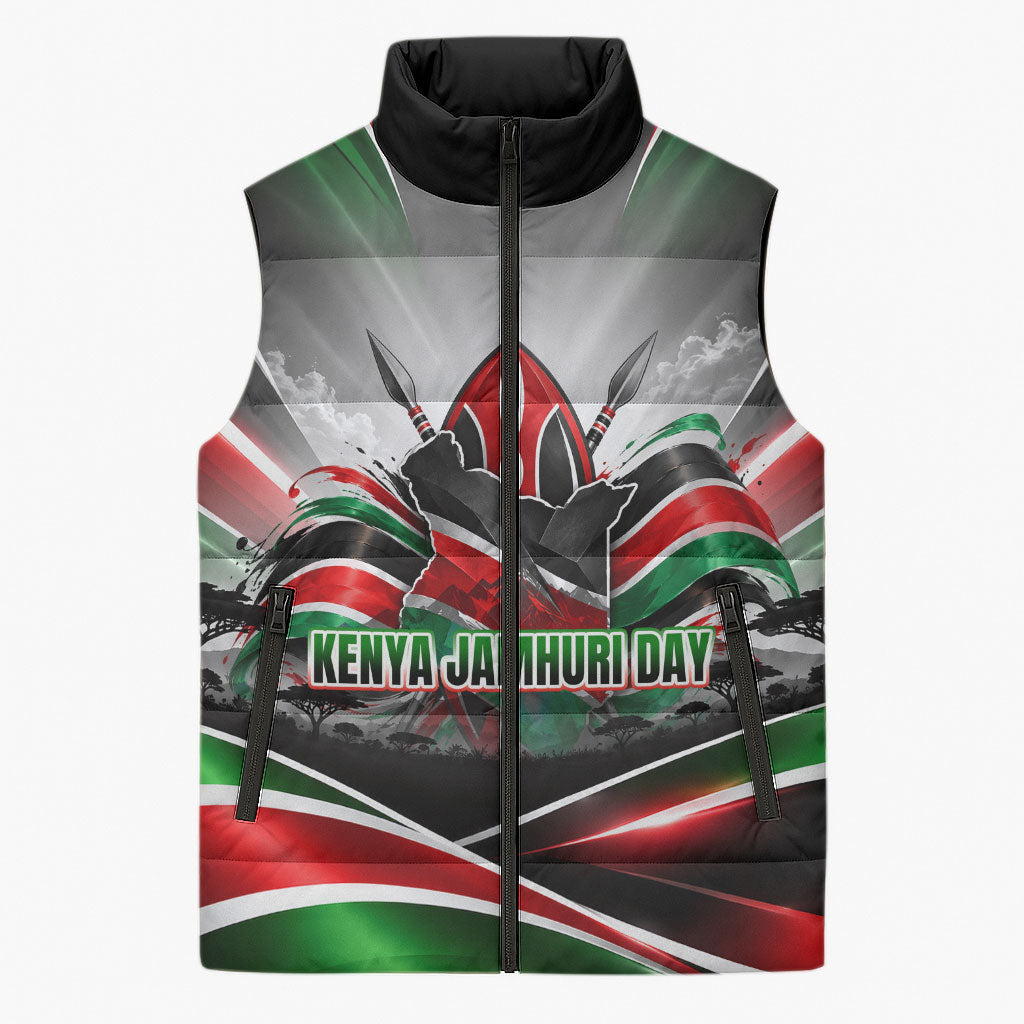 Kenya Jamhuri Day Sleeveless Puffer Jacket Kenyan Flag Raised Fist Maasai Spear Landscape