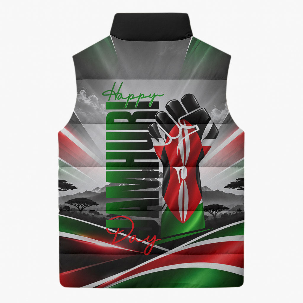 Kenya Jamhuri Day Sleeveless Puffer Jacket Kenyan Flag Raised Fist Maasai Spear Landscape