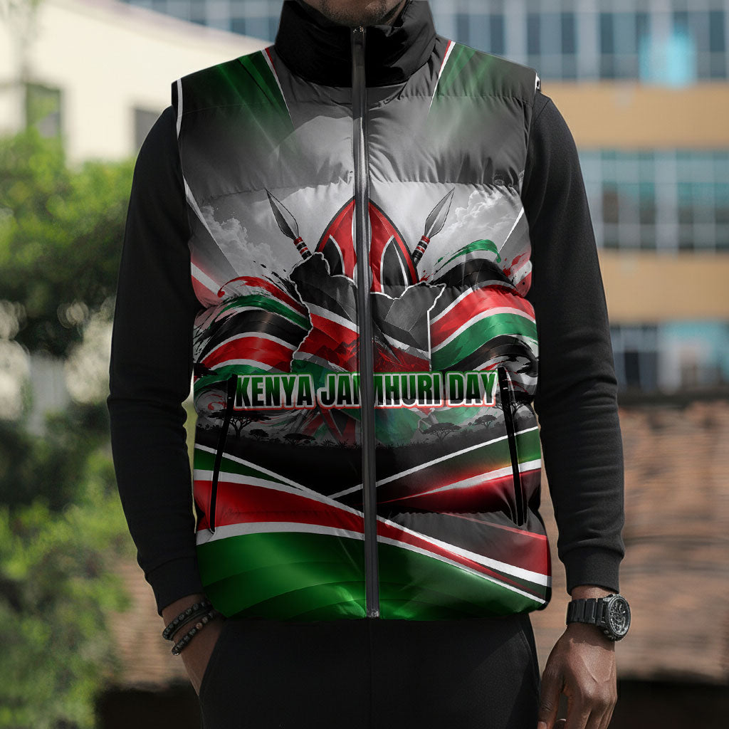 Kenya Jamhuri Day Sleeveless Puffer Jacket Kenyan Flag Raised Fist Maasai Spear Landscape