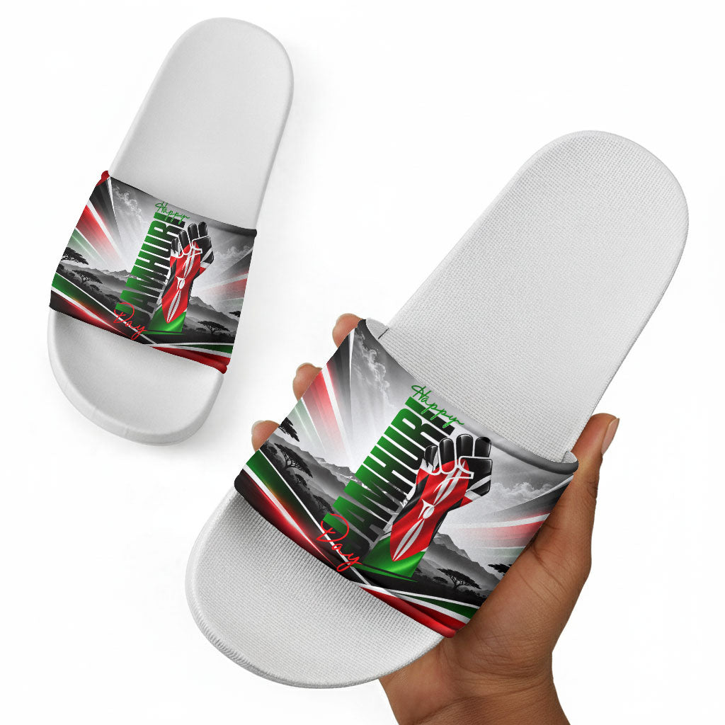 Kenya Jamhuri Day Slide Sandals Kenyan Flag Raised Fist Maasai Spear Landscape
