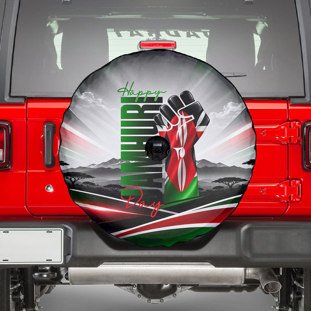 Kenya Jamhuri Day Spare Tire Cover Kenyan Flag Raised Fist Maasai Spear Landscape