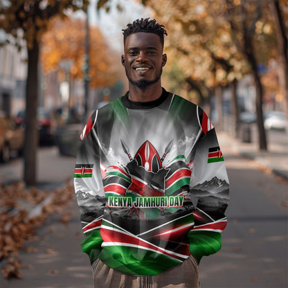 Kenya Jamhuri Day Sweatshirt Kenyan Flag Raised Fist Maasai Spear Landscape