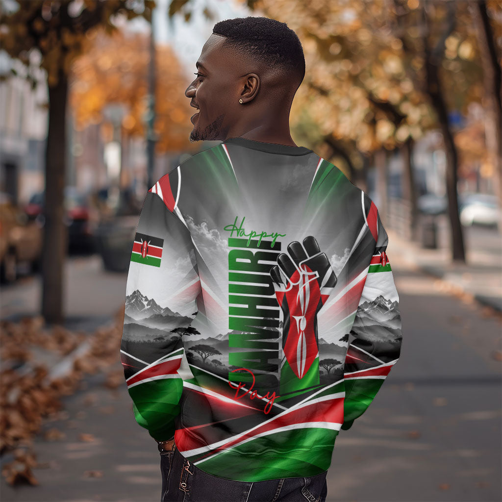 Kenya Jamhuri Day Sweatshirt Kenyan Flag Raised Fist Maasai Spear Landscape