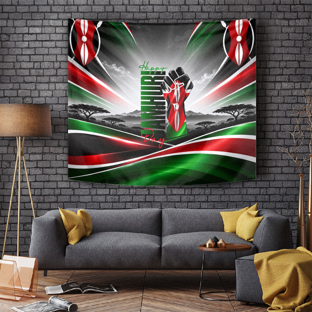 Kenya Jamhuri Day Tapestry Kenyan Flag Raised Fist Maasai Spear Landscape