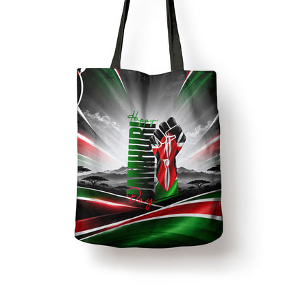 Kenya Jamhuri Day Tote Bag Kenyan Flag Raised Fist Maasai Spear Landscape